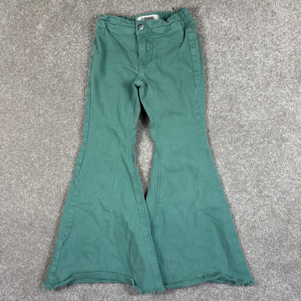 Rock & Roll Denim Girls Green Bargain Button Bell Bottom Jeans Size 7